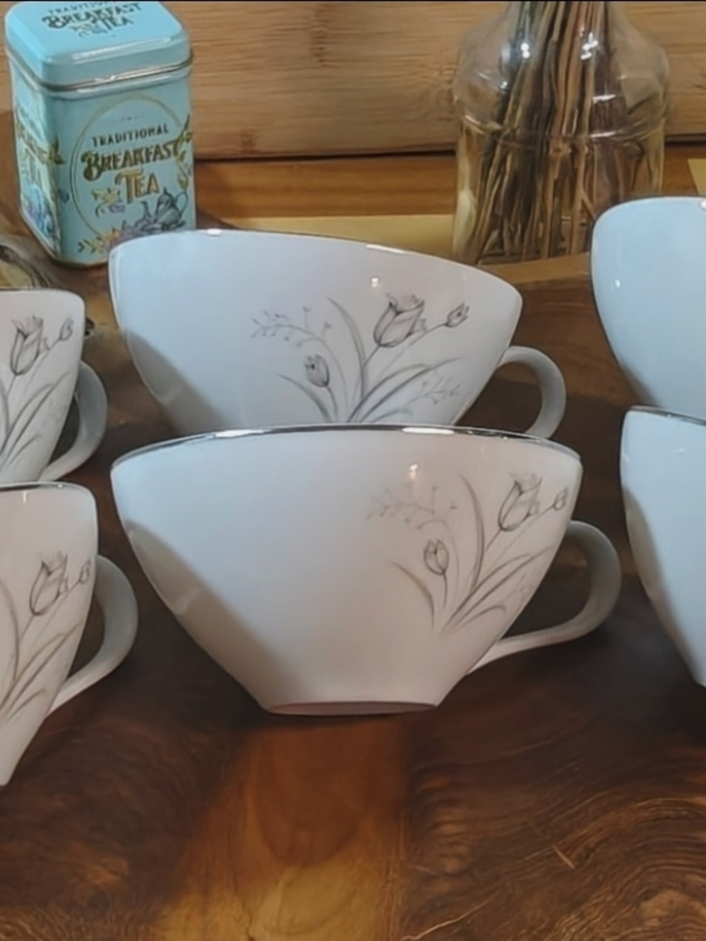 Mid-Century Silver Trimmed Japanese Tea Cups. Creative Royal Elegance Fine China